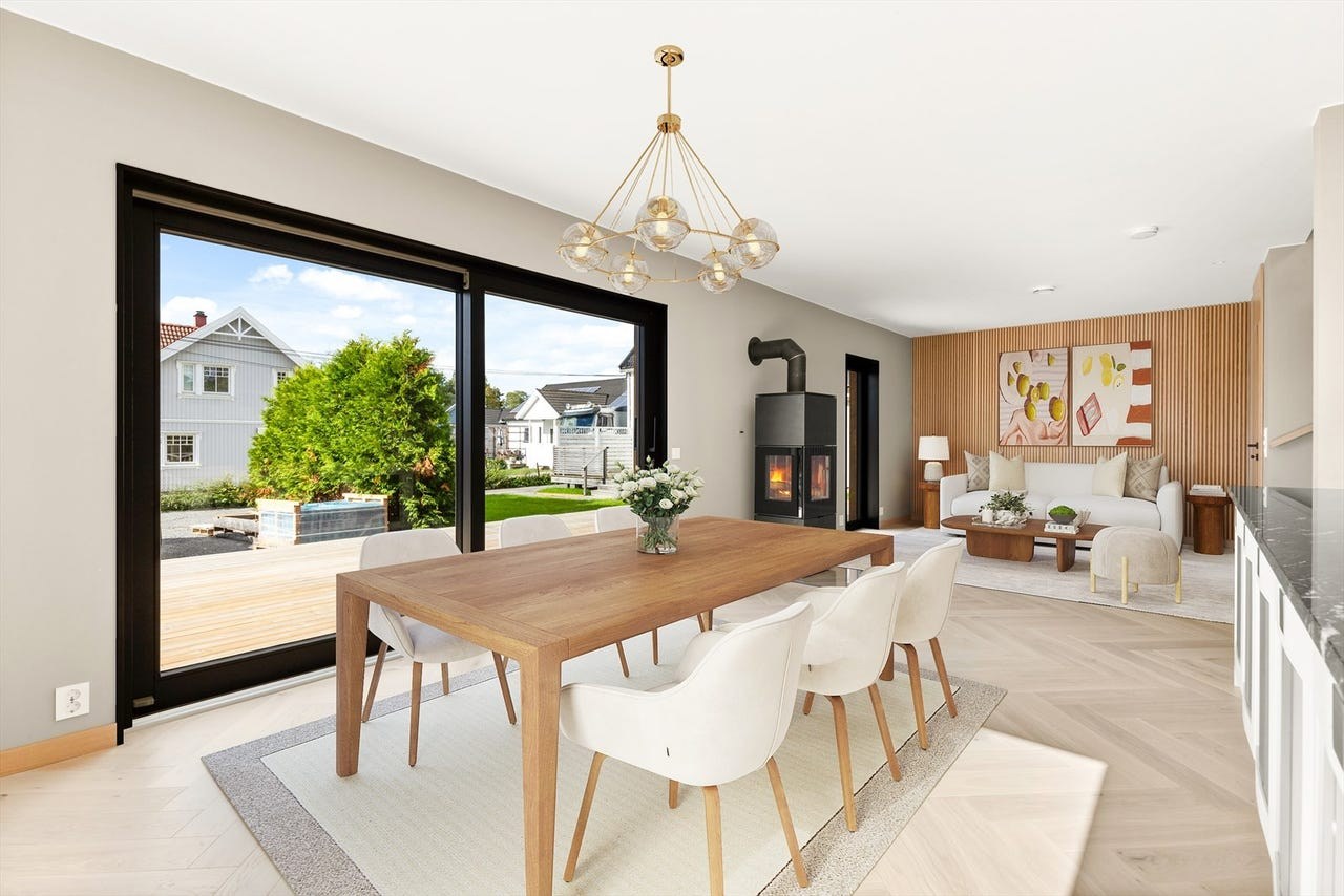 Åpent oppholdsrom i LP Byggs egenregiprosjekt i Lillestrøm.