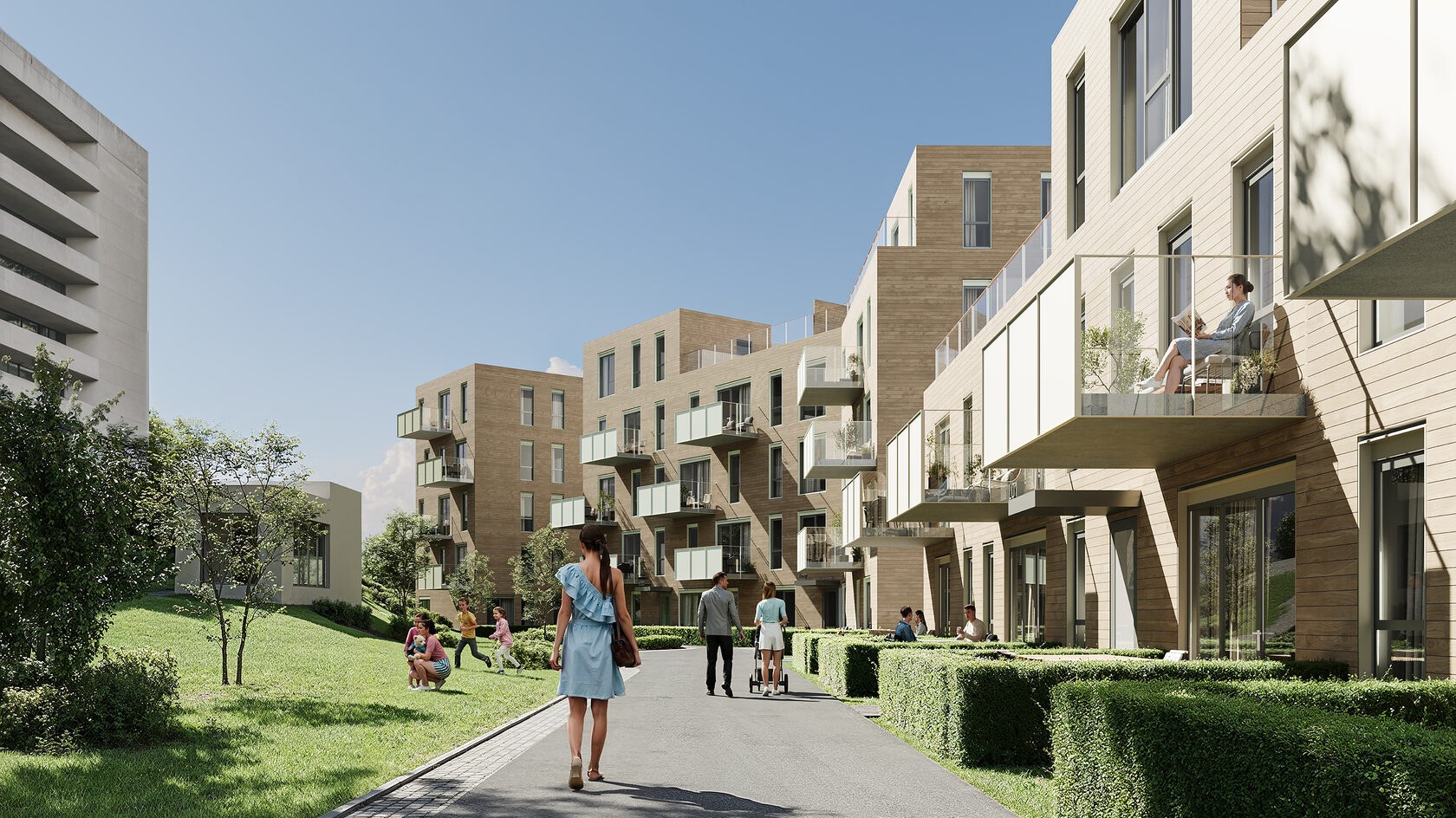 Visualisering av nye leilighetsbygg og gårdsrom i Landingen på Hovseter